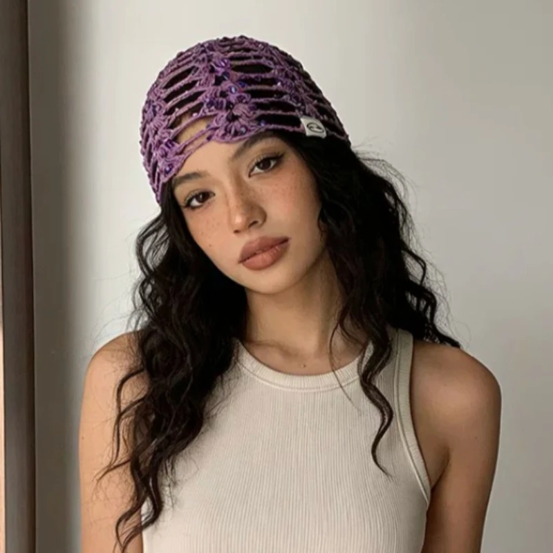 Ins Retro Sequins Crocheted Hollow-out Beanies for Women Spring and Summer Street Trend Versatile Breathable Niche Pullover Hat