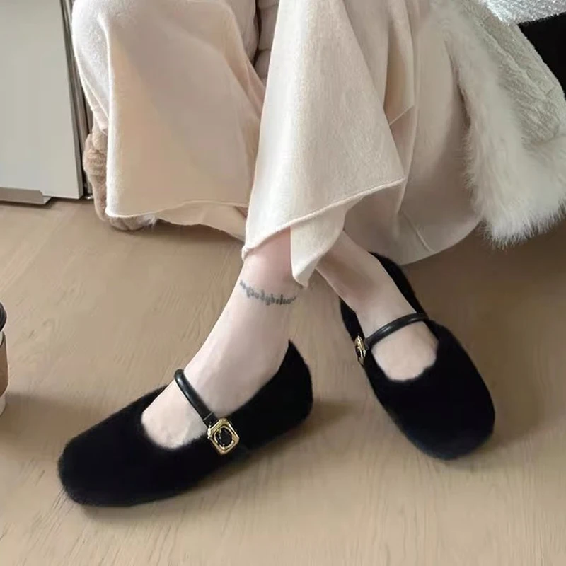 Elegant Buckle Strap Fur Mary Jane Shoes Woman Cosy Soft Fluffy Ballet Flats Ladies Plush Shallow Loafers Concise Dress Zapatos