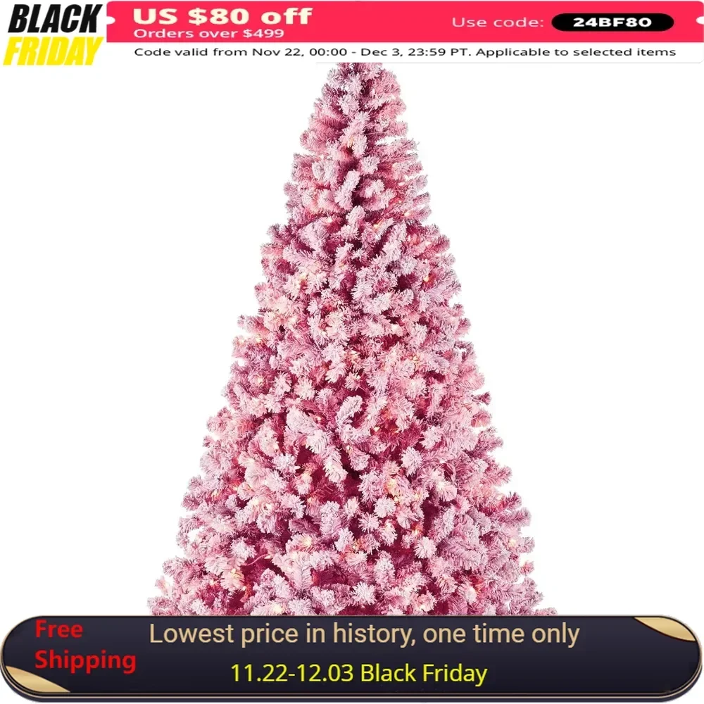 9ft Pre-Lit Pink Christmas Tree, Artificial Snow Flocked Full Fir Tree, Holiday Decoration W/ 900 Lights, 2,094 Branch Tips