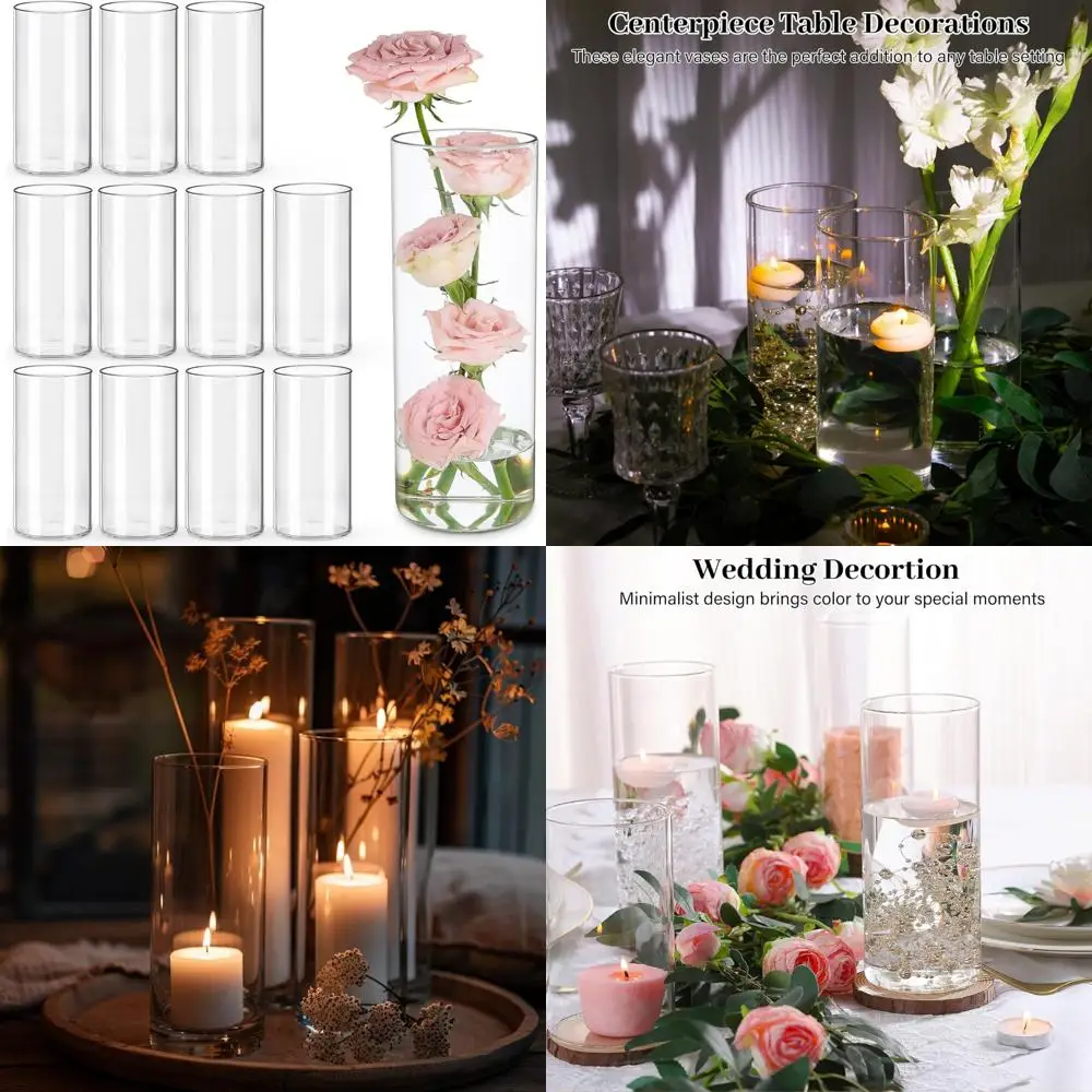 

Clear Glass Cylinder Vases - 12 Pack, 8 Inch Tall for Wedding Centerpieces, Dinner Table Candles & Decorative Floral Arrangement