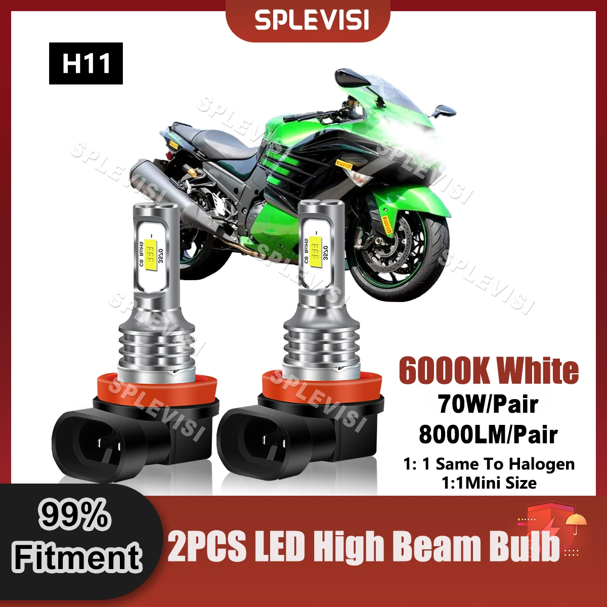 

2PCS H11 LED Headlight High Beam Bulbs 8000LM 70W 9V-24V For Kawasaki Ninja ZX14 ZX1400C 2008 2009 2010 2011 Replace Front Light