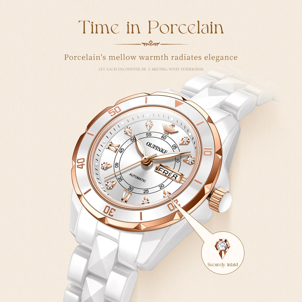 OUPINKE 3301 Women's Watches Original Automatic Mechanical Wrist Watches for Woman Ceramics Strap Elegant Luxury Ladies Watches