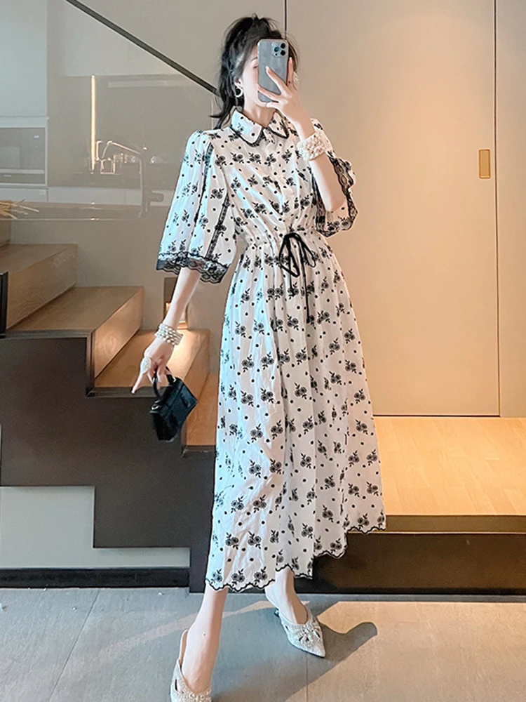 GALCAUR Print Lace Long Dress For Women Lapel Short Sleeve High Waist Colorblock Patchwork Lace Up A Line Dresses Female Summer