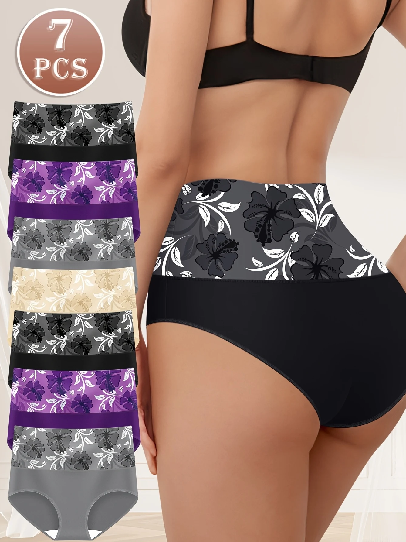 

Комплект из 7 женских дышащих нижнего белья с высокой талией — трусики с цветочным принтом для контроля живота, мягкие удобные треугольные трусы