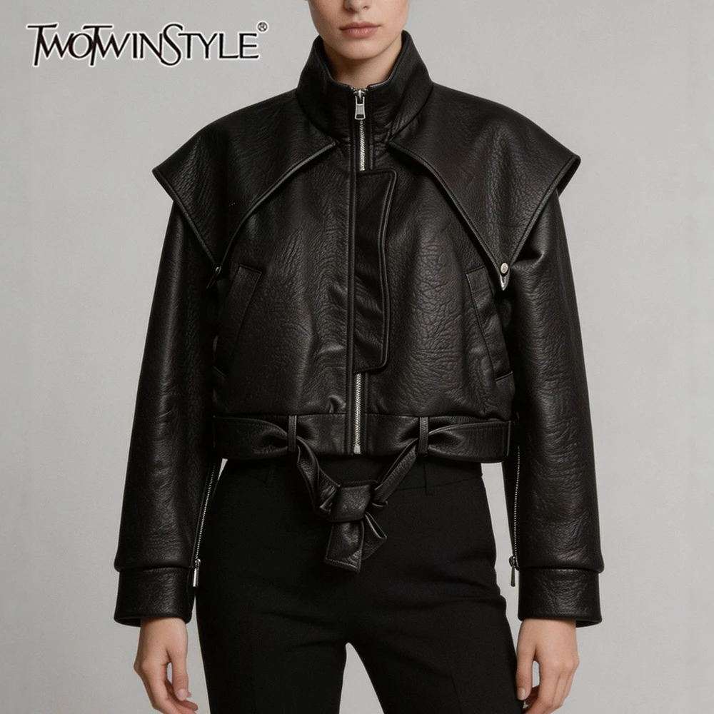 TWOTWINSTYLE Waist Belt Spliced Zipper Slimming Jacket for Women Stand Collar Long Sleeve Patchwork Pockets Jackets Female Style