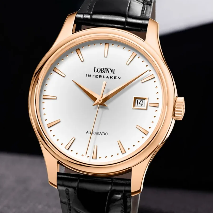 LOBINNI Men Automatic Watch 39MM Mechanical Wristwatch 50M Waterproof Ultrathin Sapphire Leather Strap