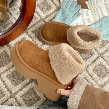 נעלי שלג נשים מפוארות וחמות בסגנון וינטאג' עם פלטפורמה קצרה, נוחות לחורף, עקב עבה, נעלי כותנה