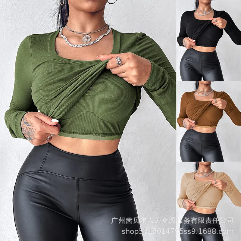 U-Neck Built-in Bra Long Sleeve Ribbed Top Women Long Sleeve Solid Color T Shirt Tee