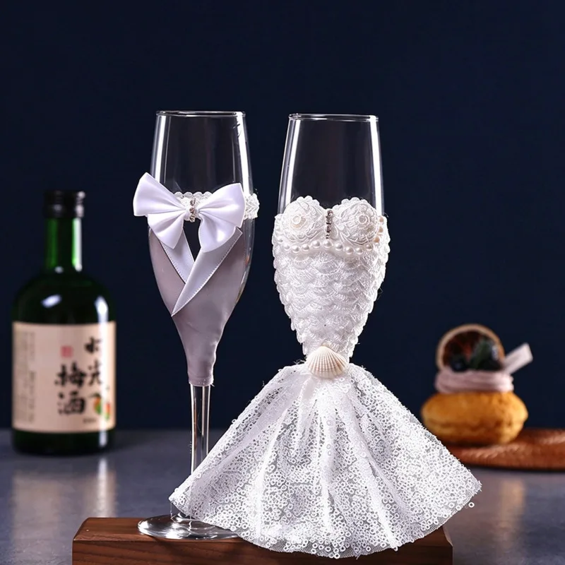 Wedding Champagne Flutes Set Bride Groom Dress Suit Glass Cups, Romantic Marriage Toasting Glasses Pair, Gift Home Party Decor