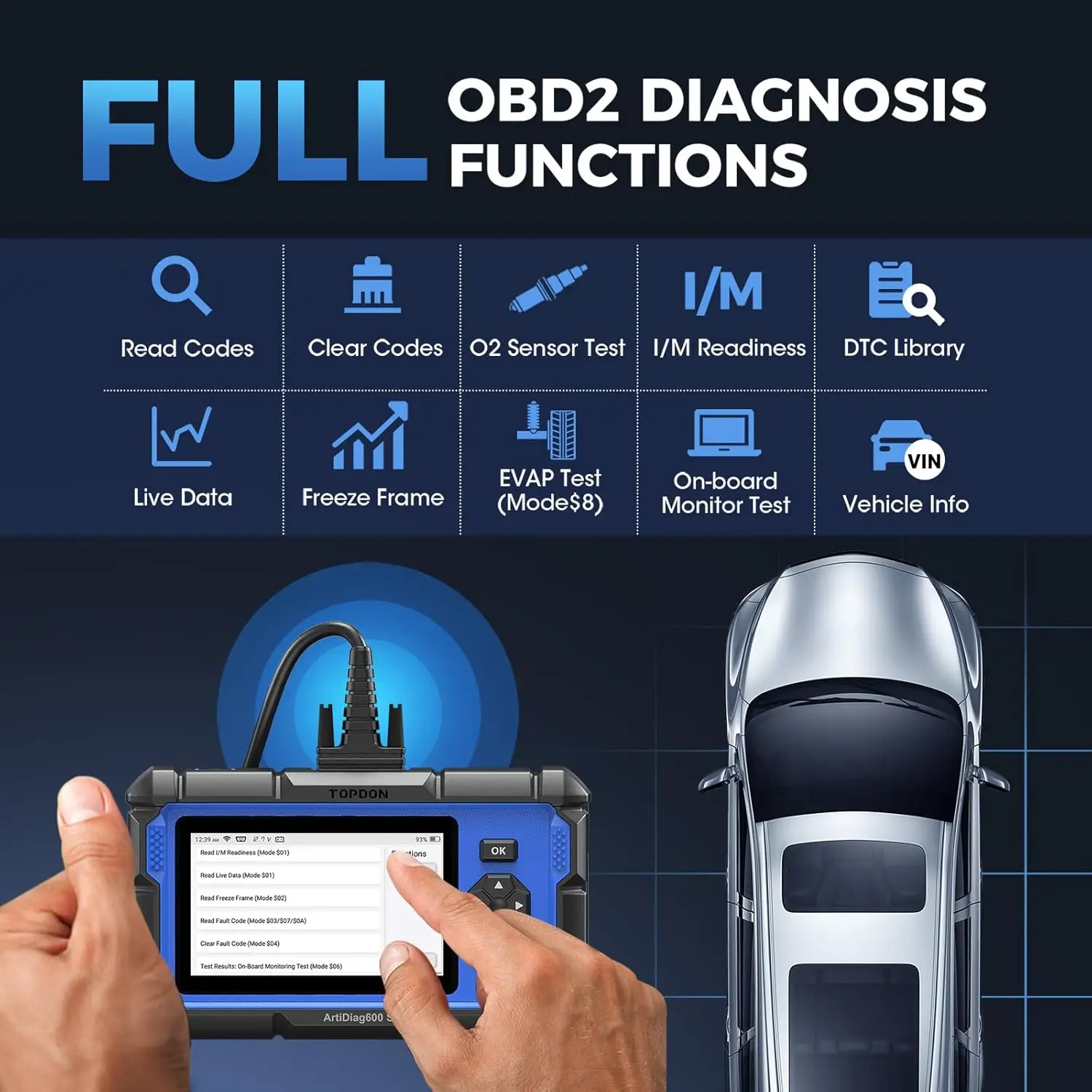 Topdon artidiag600s obd2 scanner 4 sistema ferramenta de diagnóstico do carro abs srs tpms motor 8 funções redefinição ferramenta diagnóstico atualização gratuita