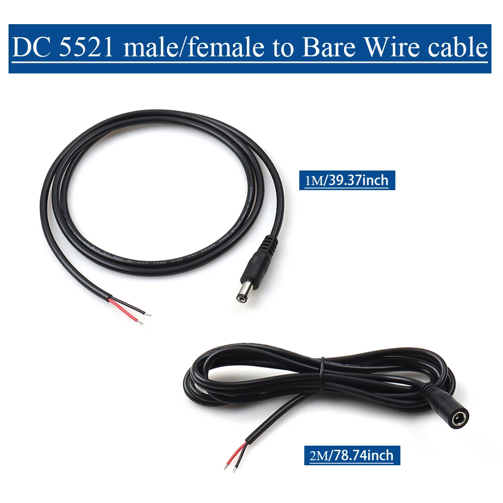 LANO Black DC5521 Male/female to Bare Wire Open End Power Cable 22AWG for Camera Power Supply outdoor gear LED Monitor | 1M 2M