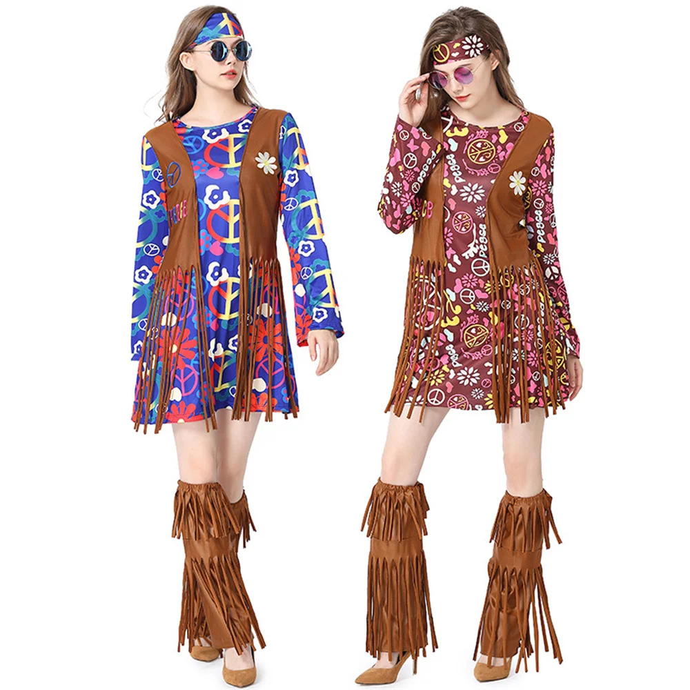 Women Tassels Hippie Costume Retro 60s 70s Hip Hop Disco Hippy Cosplay Halloween Party Dress Up Outfits