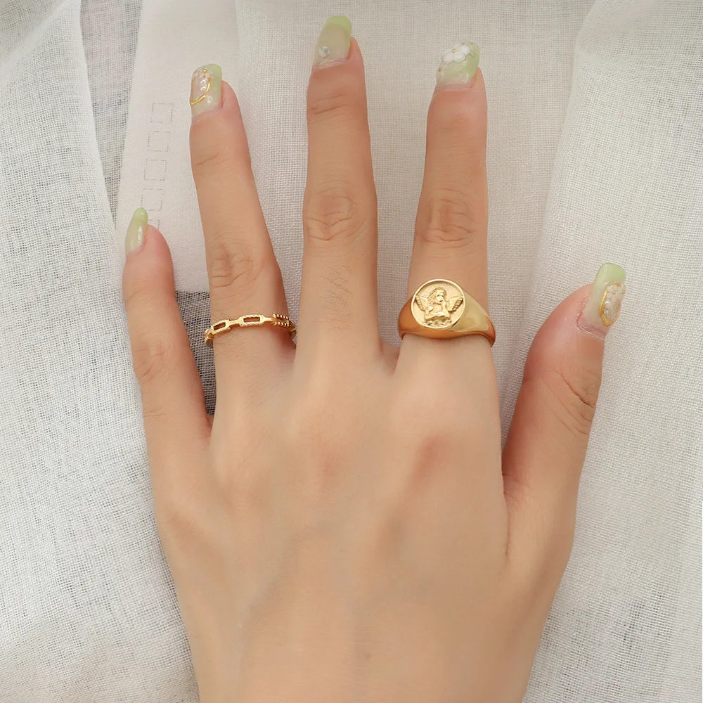 INS Style Unique Angel Little Boy Ring for Women Index Finger Ring Stianless Steel 18K Gold-plated Ring Jewelry