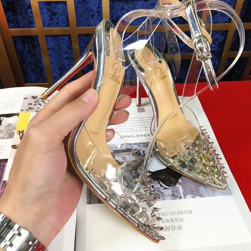 2024 new European and American fashion catwalk models high-heeled shoes rivets with hollow women's shoes golden ball shoes