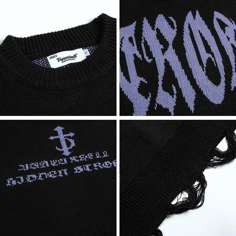 Pullovers Men Holes Letter Print Fashion Autumn Winter Loose Casual Sweaters Couples High Street O-neck Ripped Design Popular