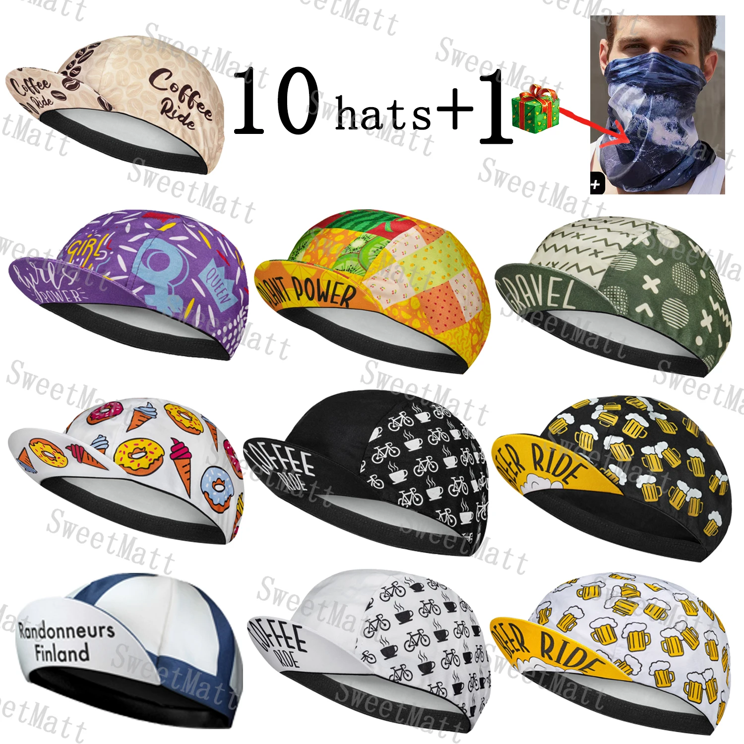 Sweetmatt Classic Retro Polyester Cycling Caps Pack of 10 Quick Dry Breathable Bike Hat Summer Bicycle Sports Balaclava Unisex