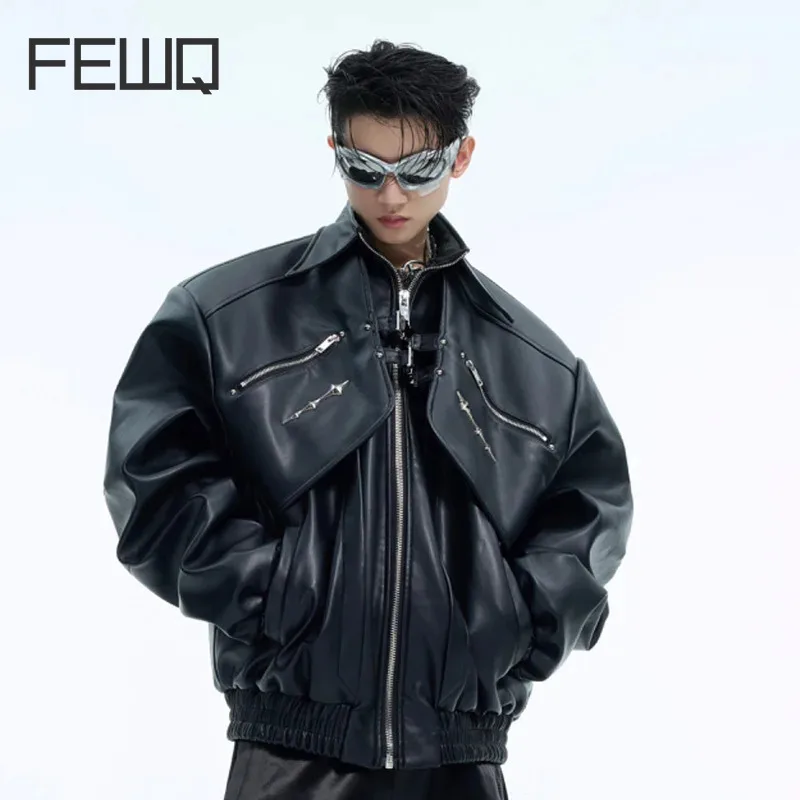 FEWQ Niche Doublelayer Deconstruction Metal Buckle Design PU Leather Jacket 2024 Solid Color Zipper Long Sleeve Male Tops