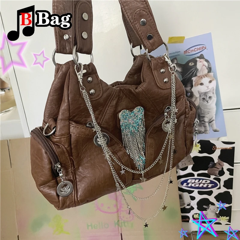 Brown casual pu bag Spice Girl Versatile Harajuku tote Gothic punk woman one shoulder cross body handbag