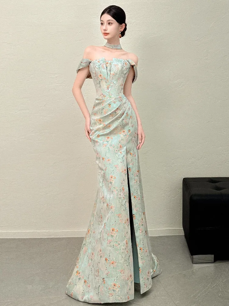 Elegancka sukienka wieczorowa z odkrytymi ramionami, w kwiaty, damska, syrenka, do ziemi, sukienki celebrytek, szyte na miarę, luksusowe, długie sukienki na studniówkę