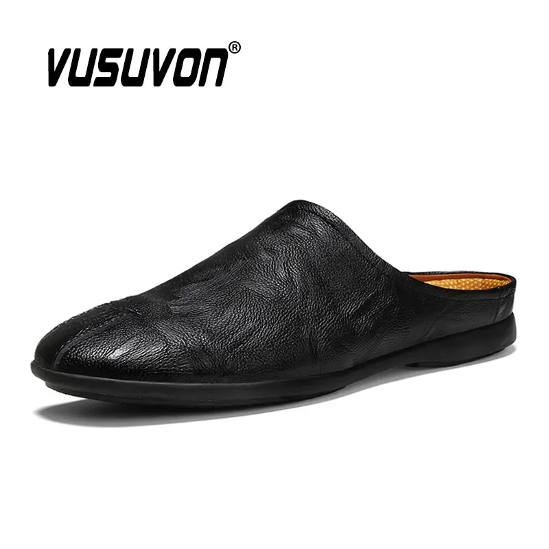 Genuine Cow Leather Black Men Half Shoes Mules Casual Fashion Loafers Summer Breathable Luxury Slippers 2023