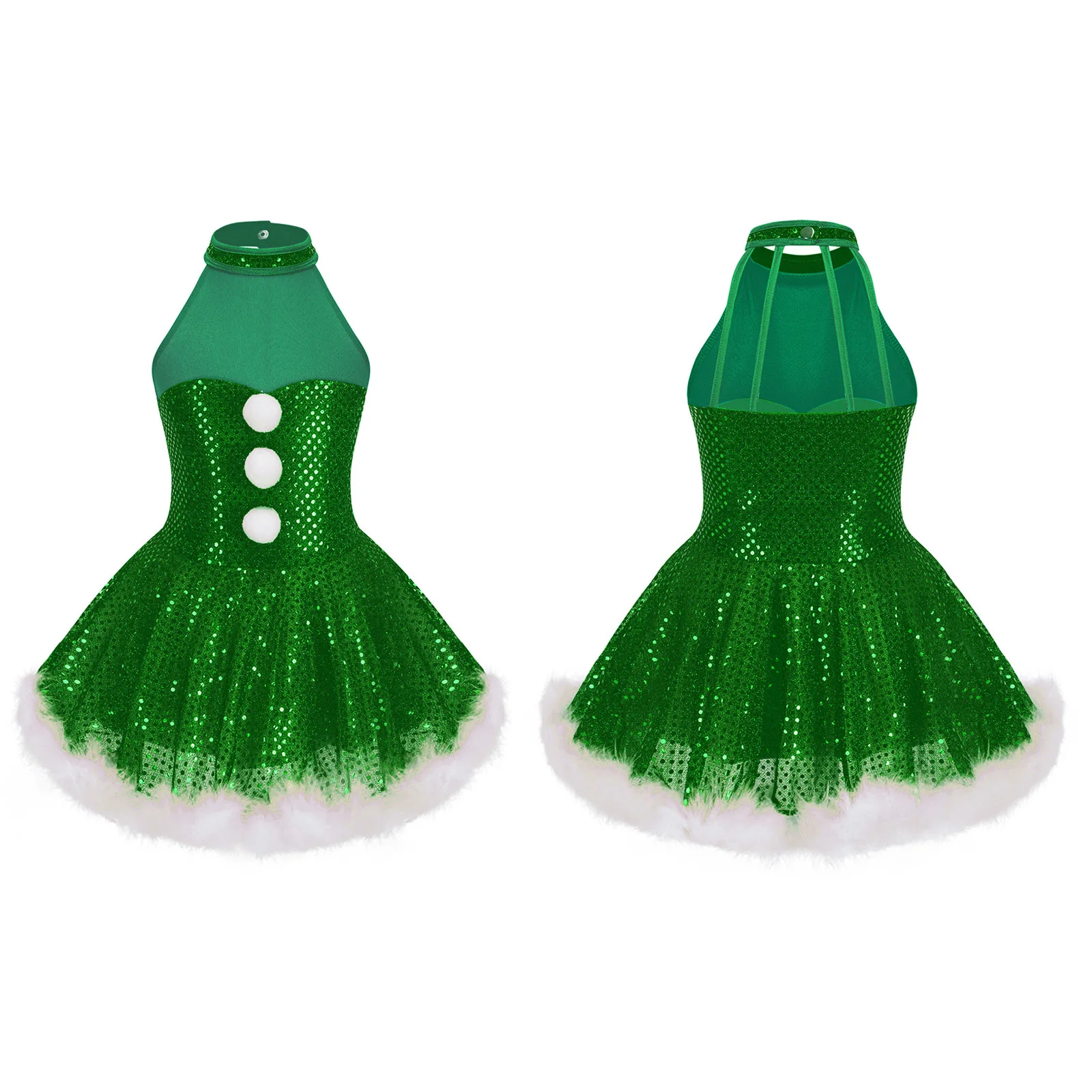 Traje de Navidad para niñas, sin mangas, lentejuelas brillantes, vestido de baile de Ballet, hombro asimétrico, lazo grande, Ropa de baile para patinaje