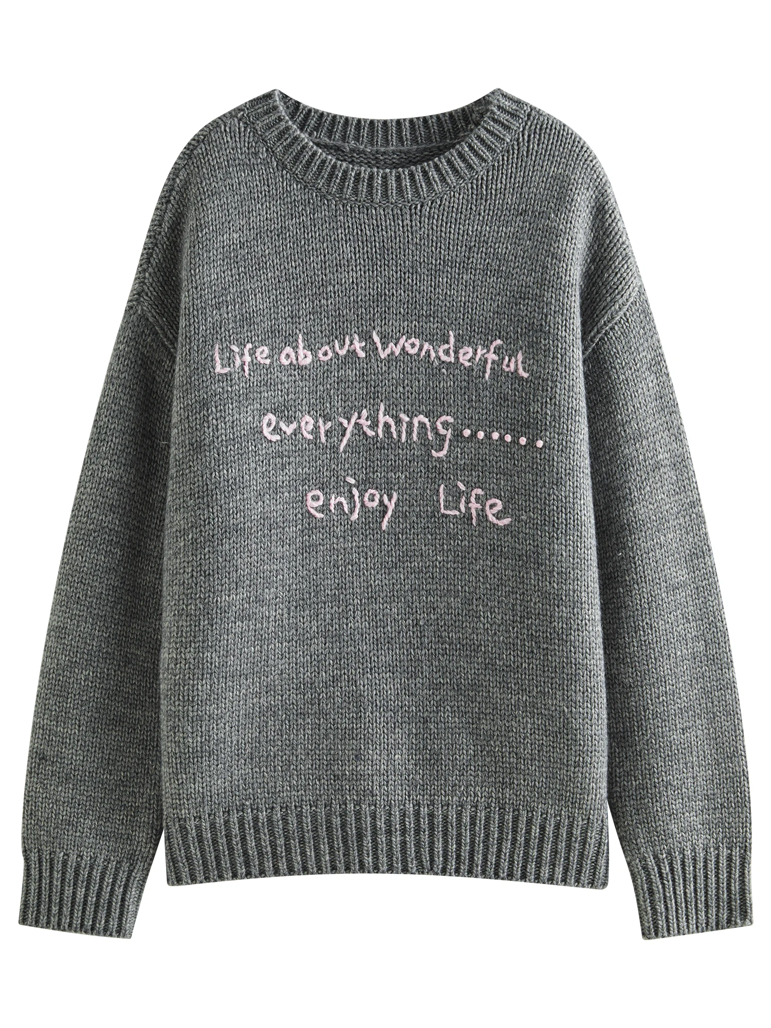 FSLE 24.5% Wool Letter Embroidery Color Collision Loose Round Neck Knitted Sweater Female Winter 2024 New Pullover 24FS14250