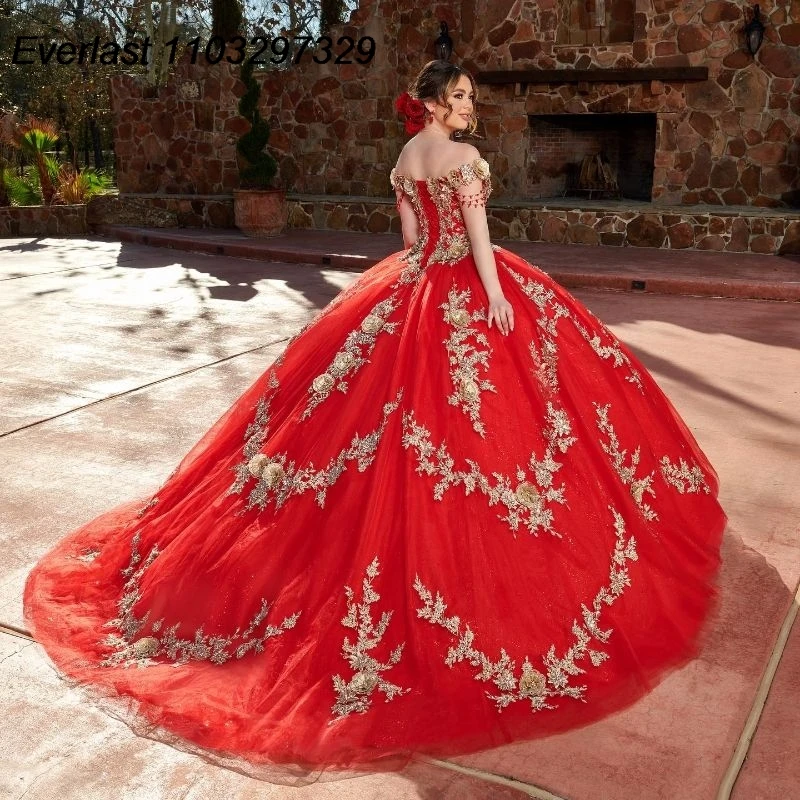 EVLAST Customized Mexican Red Quinceanera Dress Ball Gown Gold Floral Applique Beading Corset Sweet 16 Vestidos De Anos TQD734