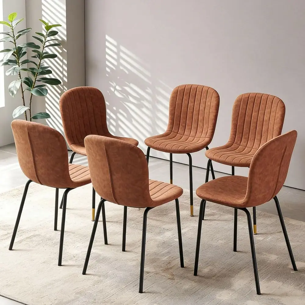 

6-Piece Modern Mid-Century Brown Faux Leather Dining Chairs with Black Metal Legs for Kitchen, Dining Room, and Home