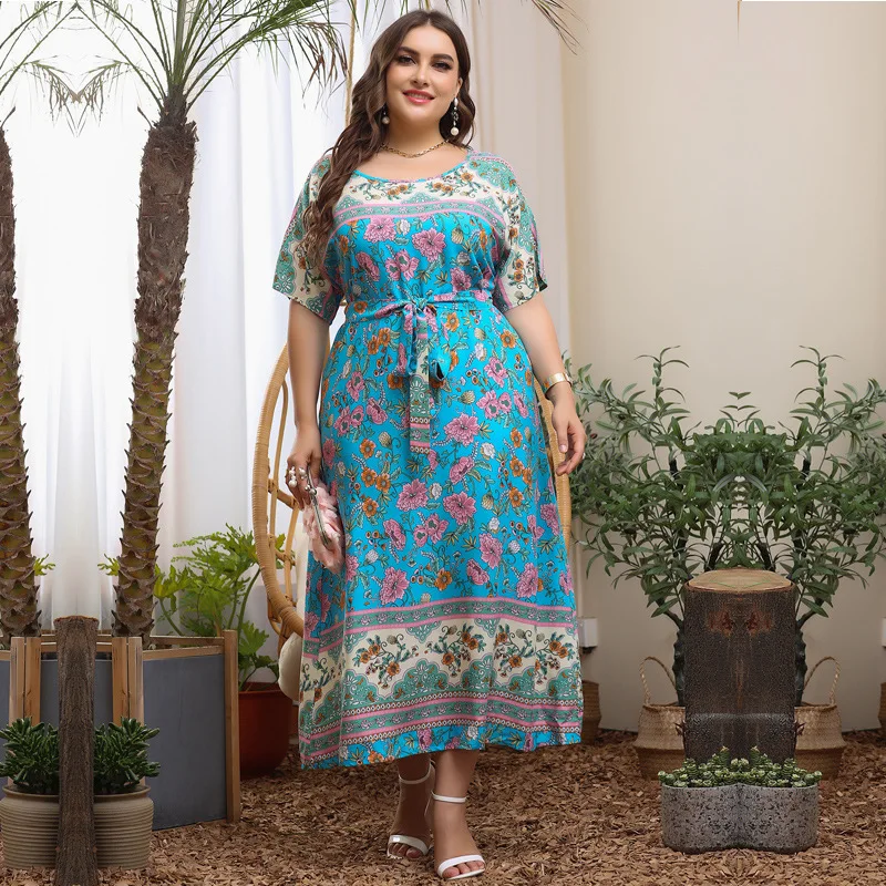 NUOVO abito con cintura con scollo a O con stampa floreale donna vacanza casual estate manica corta Boho maxi abiti lunghi 2025