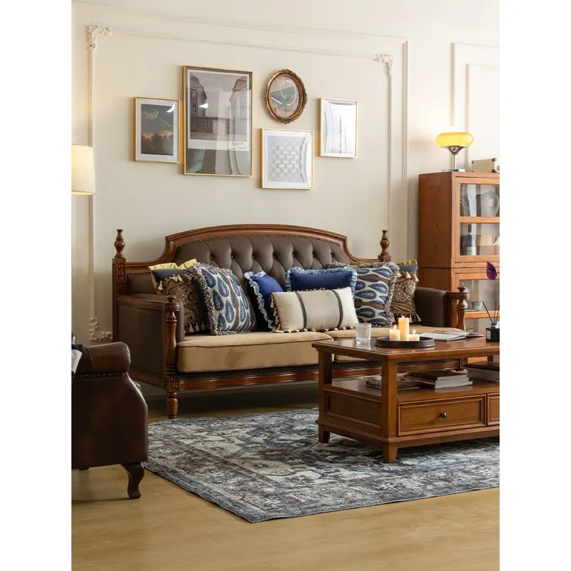 American retro solid wood sofa light luxury living room leather leisure chair first layer cowhide small apartment furniture rura