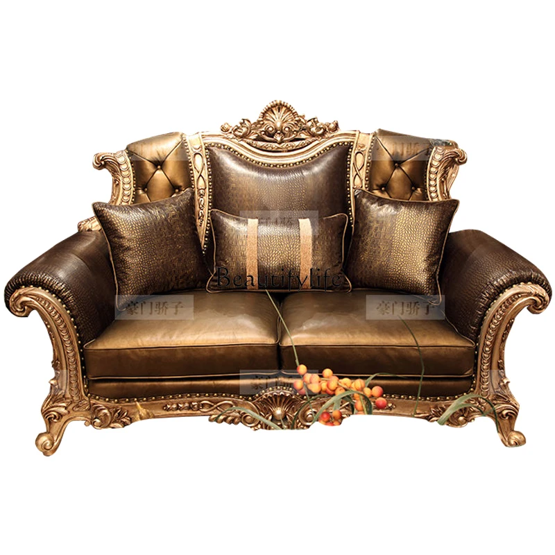 

European leather sofa combination 123 high-end American retro luxury carved solid wood sofa customization