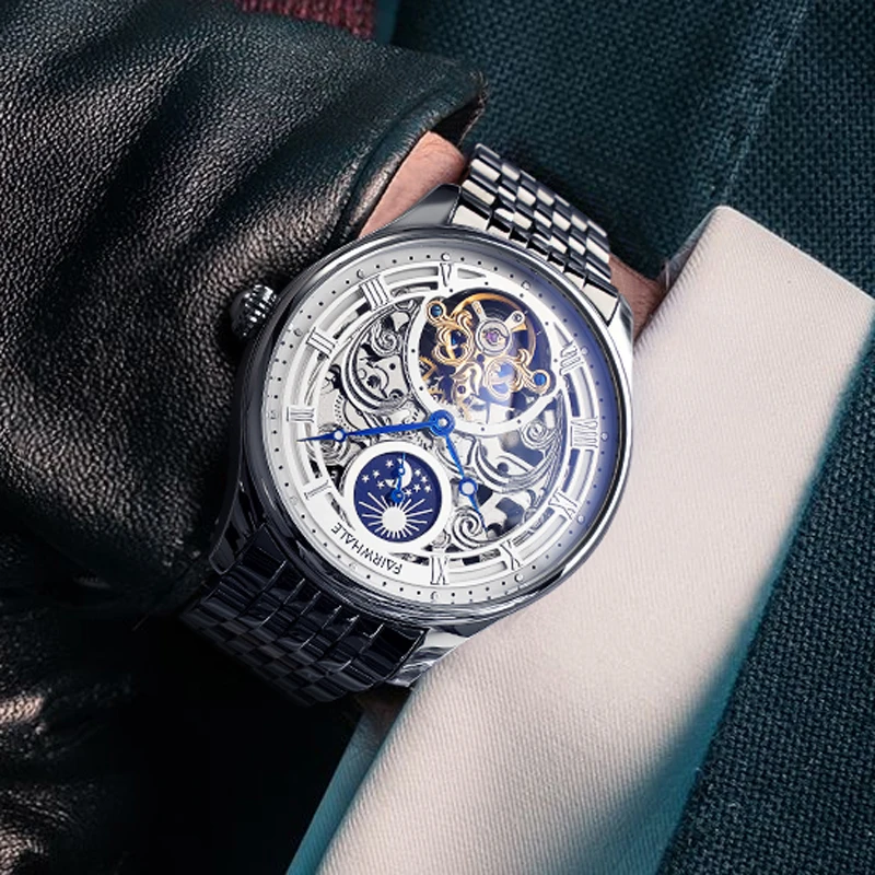 

FAIRWHALE новые мужские часы автоматические механические часы для мужчин деловые спортивные наручные часы светящиеся водонепроницаемые часы с фазами Луны мужские