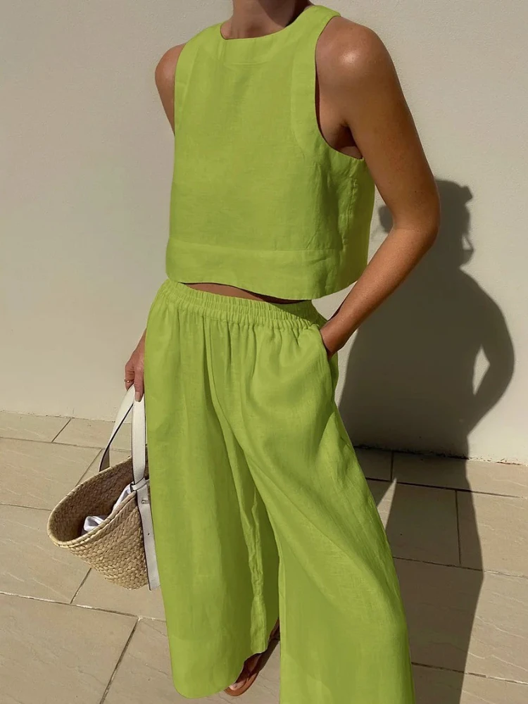 2024 Summer Fashion New Women\'s Cotton and Hemp Set Round Neck Sleeveless Shirt Tie Waist Wide Leg Pants Sports Two Piece Set