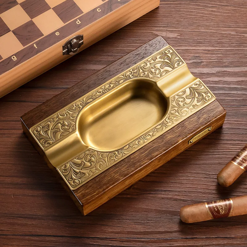 Solid Wood Cigar Ashtray Large Mouth Diameter 2 Slot Bronze Color Cigarette Extinguisher Practical Cigar Accessories