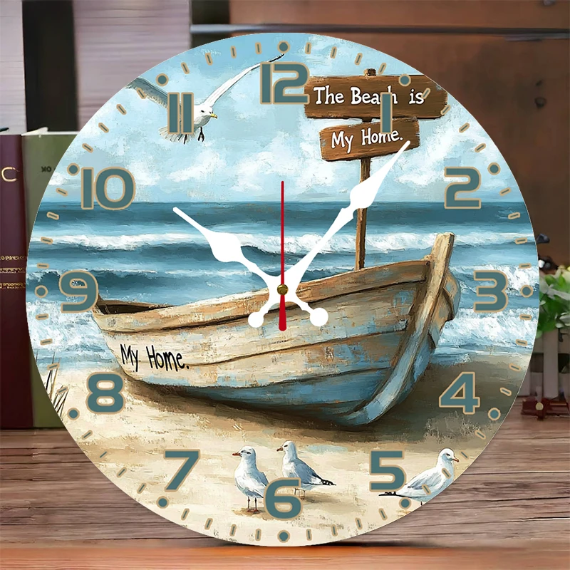 Strandboot-Wanduhr aus Holz, rund, geräuschlos, zum Aufhängen, geeignet für Wohnzimmer, Büro, Arbeitszimmer, Schlafzimmer, Heimdekoration