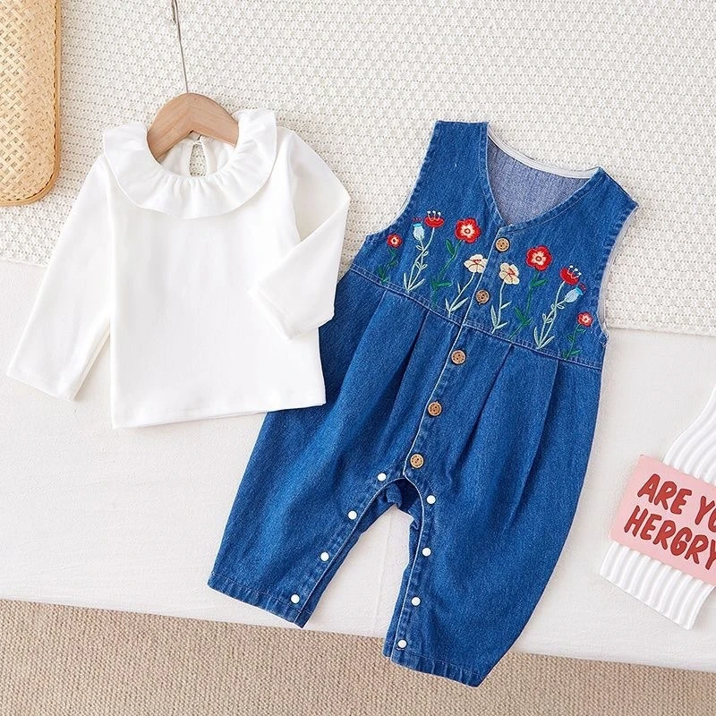 Baby Girl's Fall Denim Set Ruffled Collar Top & Wide-Shoulder Overalls Infant Halloween Outfit with Exquisite Flower Embroidery