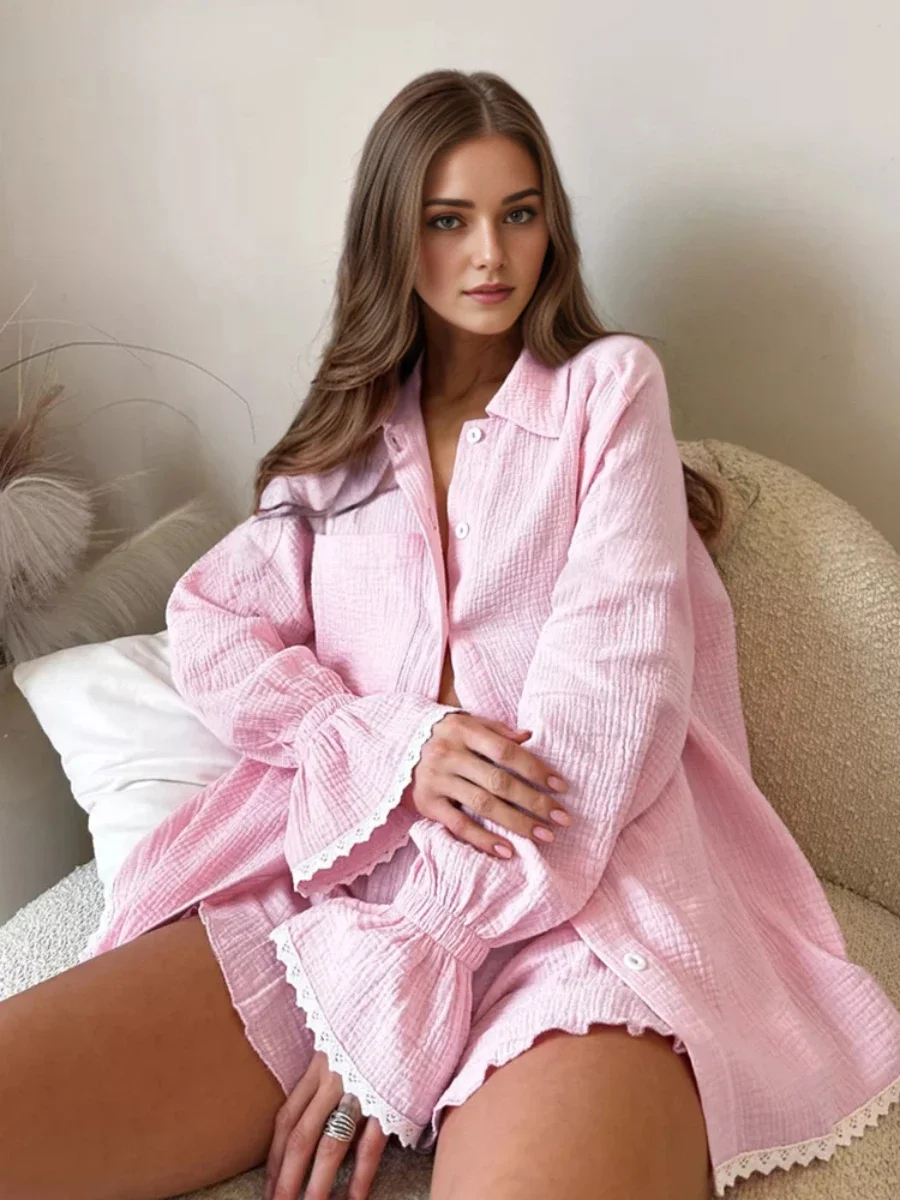 Bornladies Casual Crape Cotton Pink Two Pieces Sets Women Lace Lantern Sleeve Shirts And Baggy Shorts Sleepwear Spring Summer