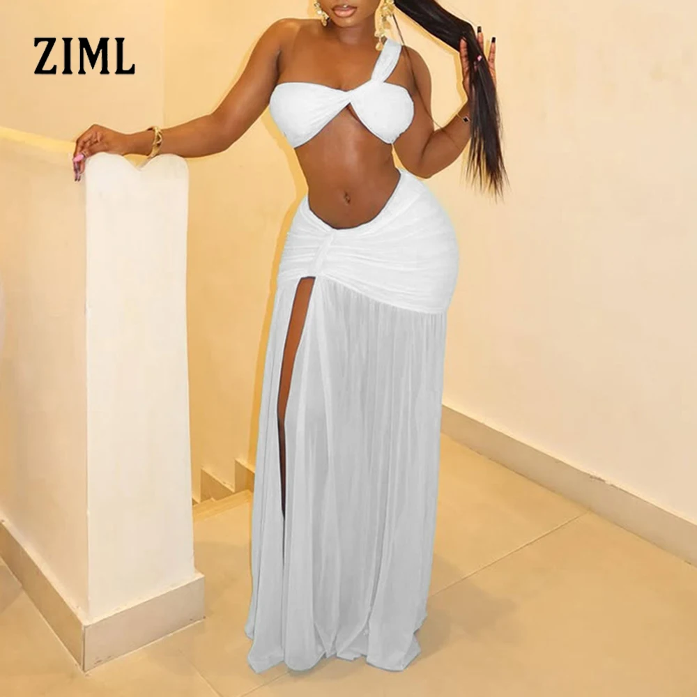 

ZIML Solid Two Piece Sets for Women Diagonal Collar Sleeveless Short Tops High Waist Long Skirts Folds Temperament Set Female