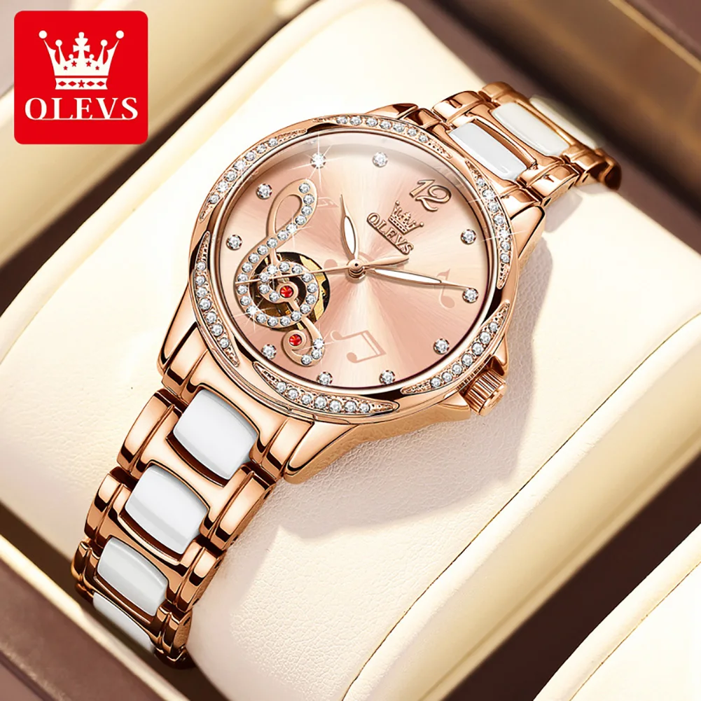 OLEVS 6656 Diamond Scale Mechanical Watch For Women Original Hollow Luminous Elegant Woman Watches Waterproof Luxury Hand Clock