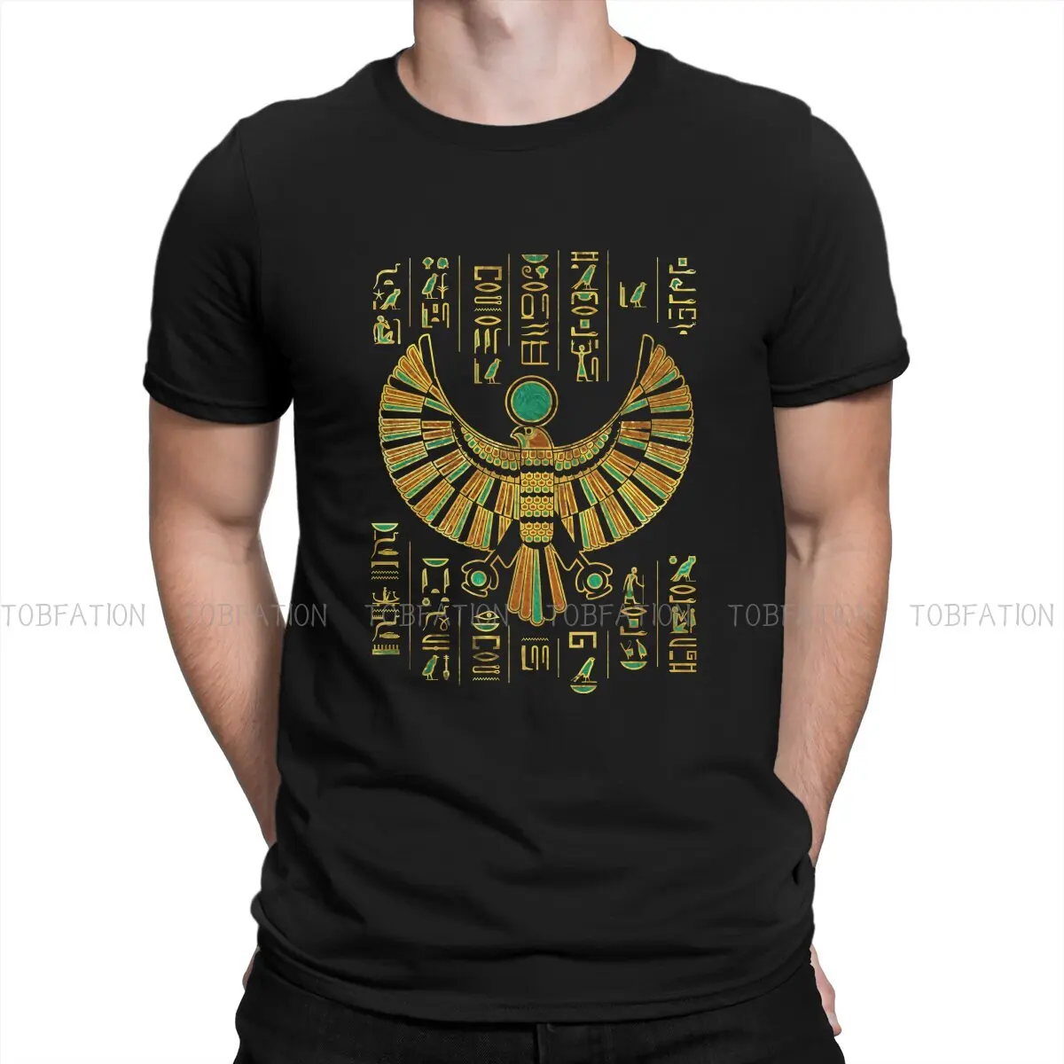 Egyptian Horus Falcon Gold And Color Crystal Fashion TShirts Ancient Egypt Men Style Pure Cotton Streetwear T Shirt O Neck