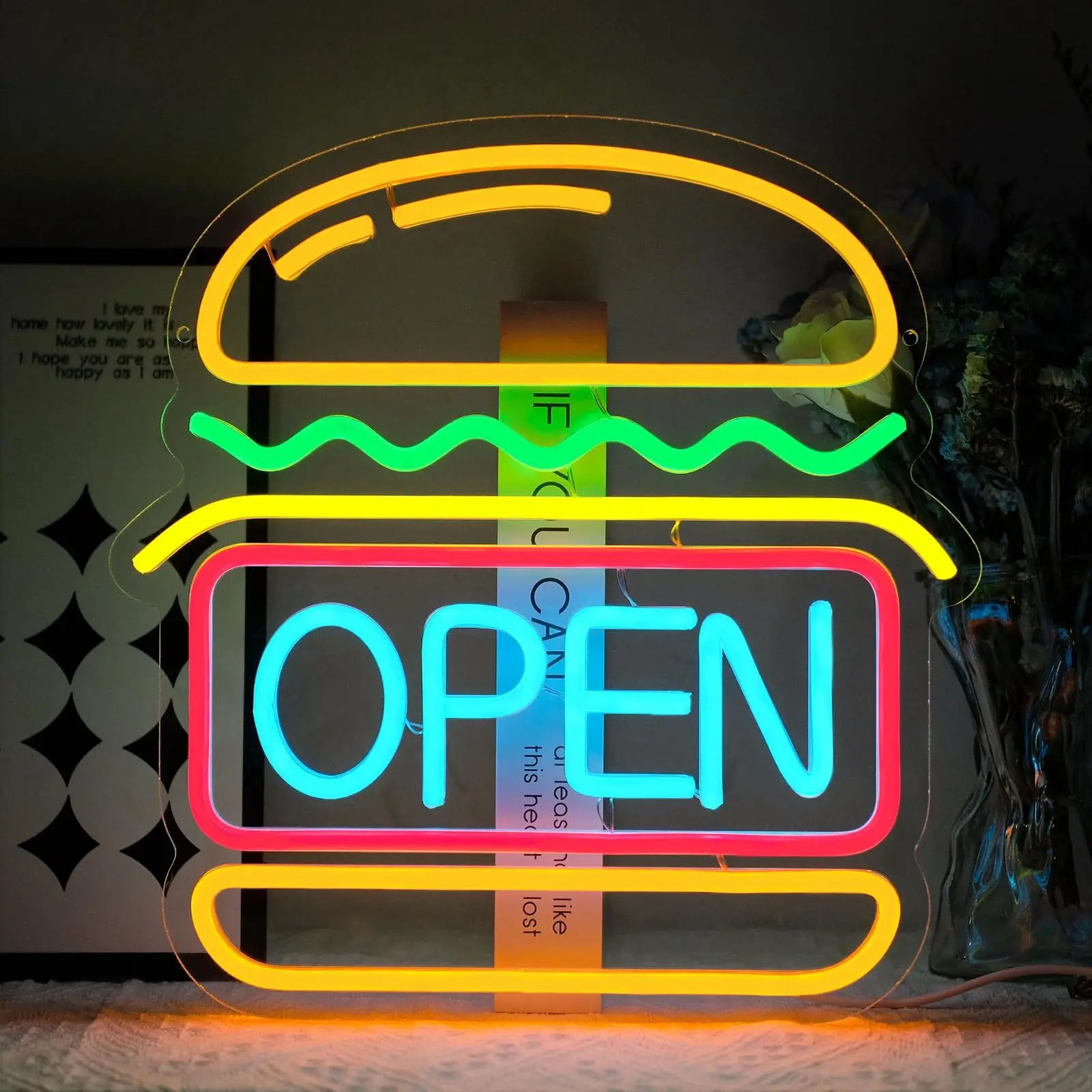 Open Burger LED Neon Light - USB Powered, With Dimmer, Adjustable Brightness, Perfect for Burger Shops, Cafes, Restaurants