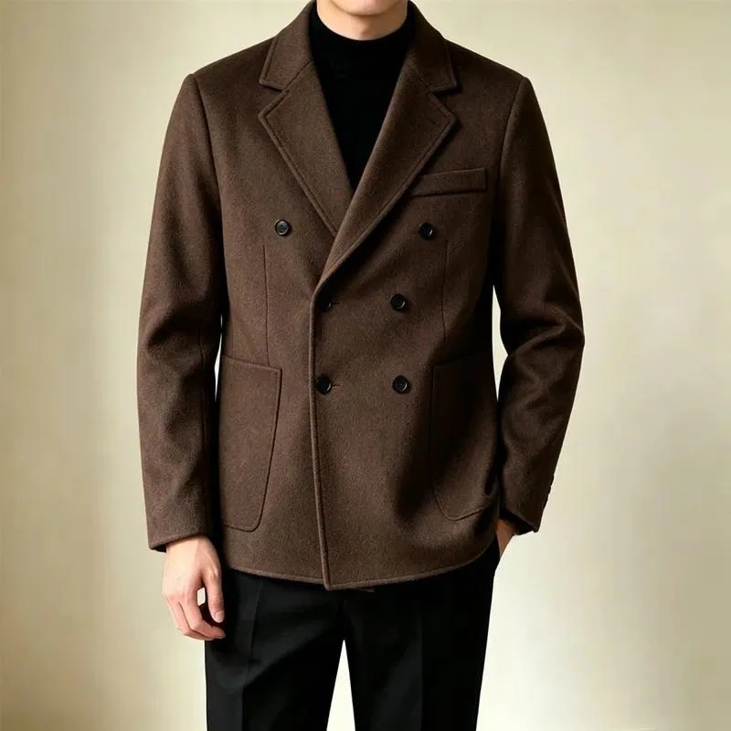 Men Autumn Winter British Style Thick Woolen Blazer Korean Notch Lapel Double‑Breasted Business Casual Suit Outerwear Jacket