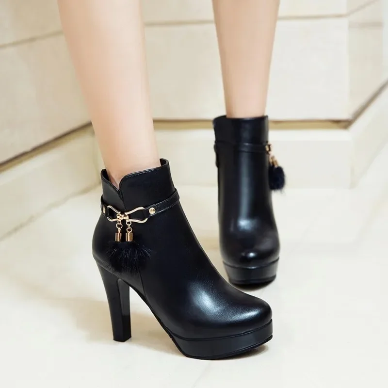 winter The New fashion Round head Thick heel 11CM boots white sweet Bow Plus velvet Keep warm High heel Women boots 34-43