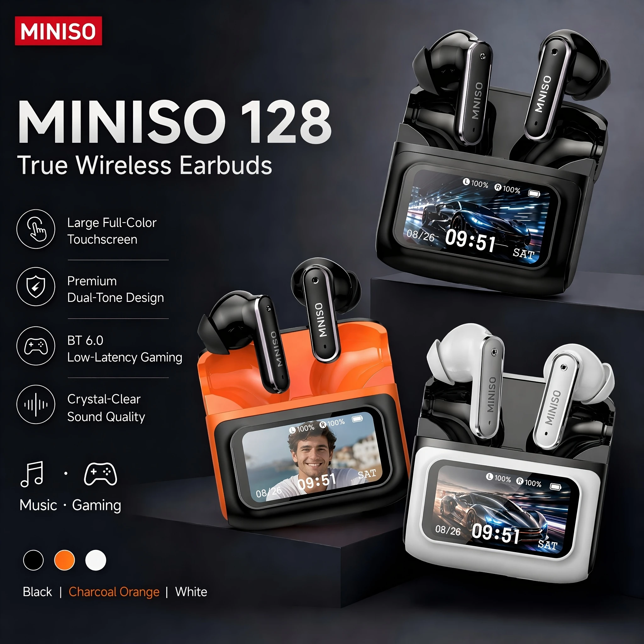 MINISO MS128 Wireless Headphones Soft Low Latency Bluetooth Earphones Long Battery Smart Touch Control LED Display In-Ear Earbud