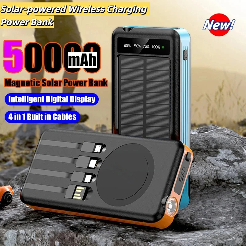 50000mAh Solar Power Bank Wireless Fast Charging Battery Large Capacity Mobile Power Dual USB 4 Cables For iPhone Samsung Xiaomi