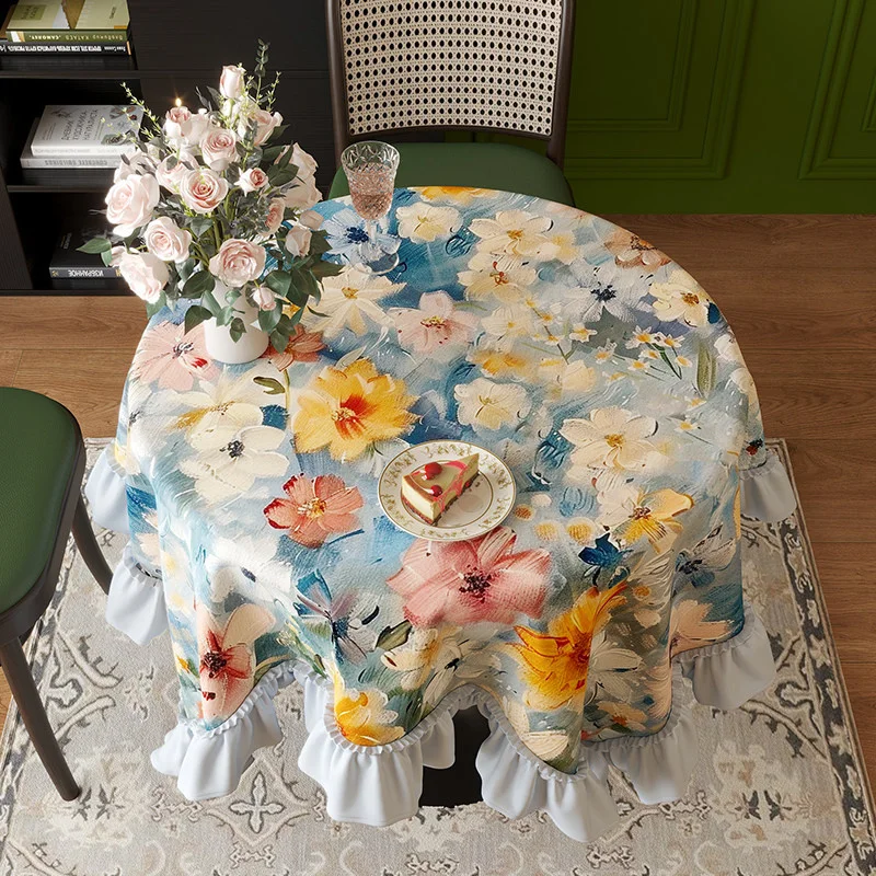 Rural Oil Painting Style Tablecloth Ruffle Floral Pattern Rotundity Creativity Restaurant Living Room Dining Table Decoration