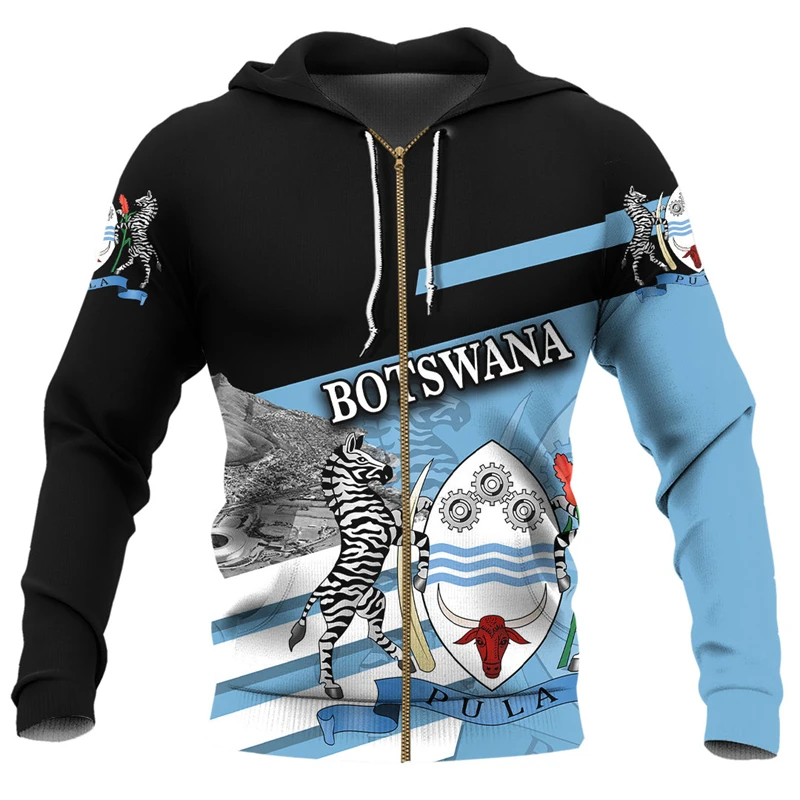 African Region Country Hoodies Men's Hooded Sweatshirts 3D Printing Retro Botswana Flag Casual Zip Hoodie Oversized 2024 Street