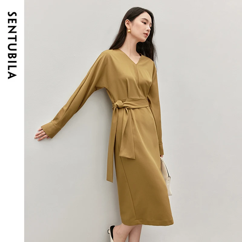 SENTUBILA Temperament Wool Dresses Women 2024 Autumn Straight Simple Twill V Neck Lace-up Waist Elegant Long Dress 143L57349