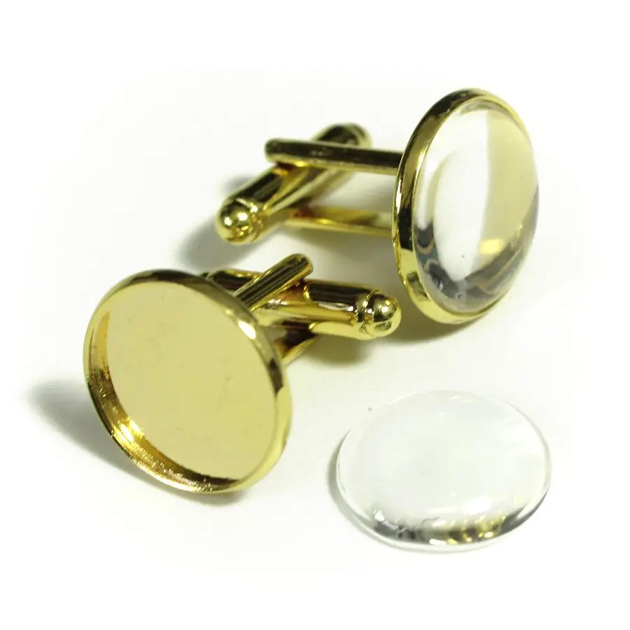 

Cuff Links Button Cabochon Blank Trays Frame with Clear Glass Dome Gold 16mm 10 Sets