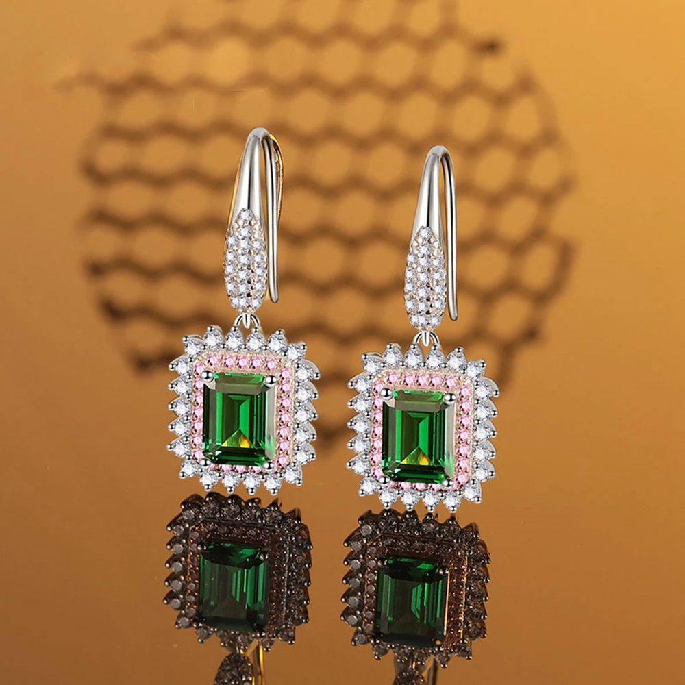 Vinregem 6*8 MM 3CT Emerald Ruby High Carbon Diamond Gemstone Vintage Drop Dangle Earrings 100% 925 Sterling Silver Fine Jewelry